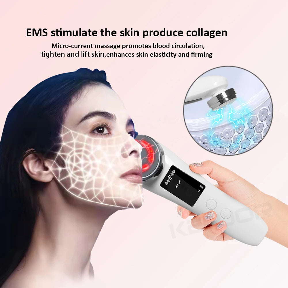 Massageador Facial Mesoterapia 8 em 1 - Radiofrequência EMS Lifting Firmeza LED Cuidados Pele
